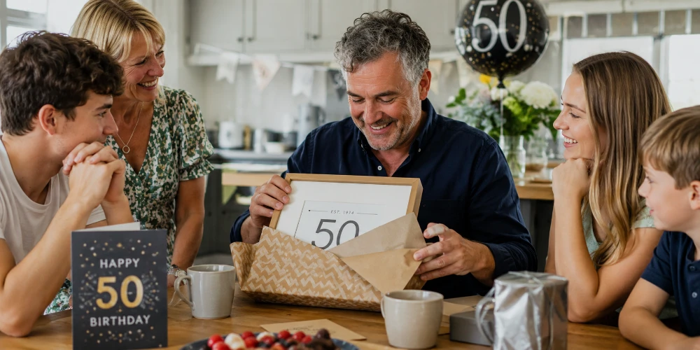Family watching a man open a framed personalised 50th birthday print