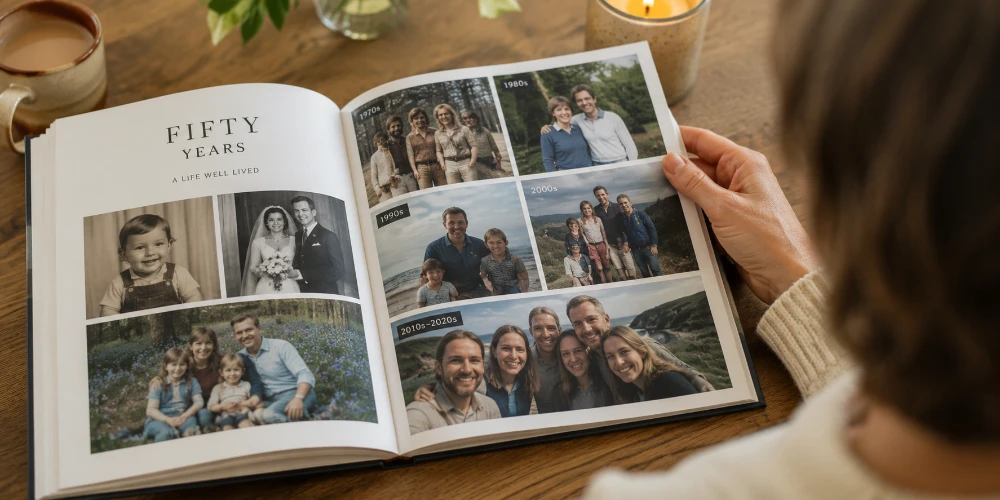 Open 'Fifty Years' photo book showing family photos from the 1970s to 2020s