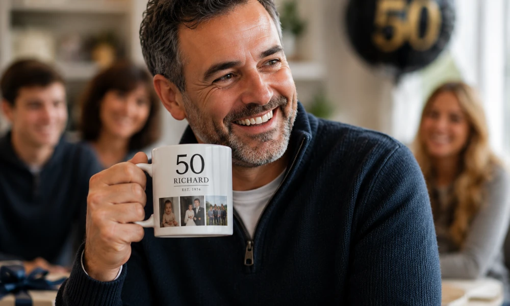 Man holding a personalised 50th birthday mug printed with a name and family photos