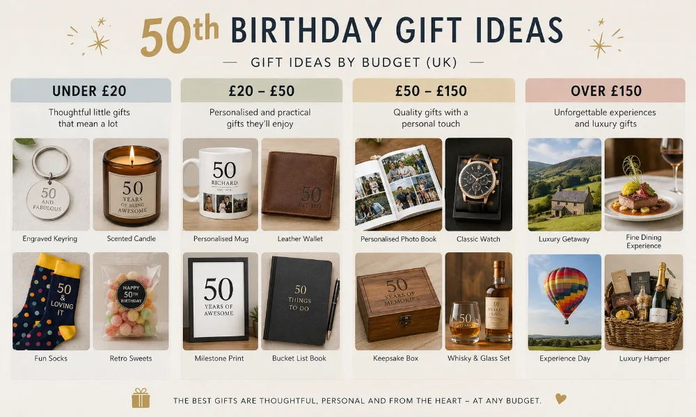 50th birthday gift ideas by budget infographic for the UK