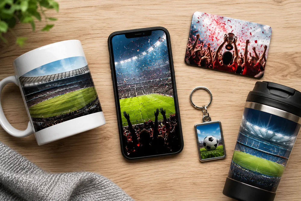 Personalised football fan gift collection featuring custom photo mugs, magnets, and keychains with football 2026 memories