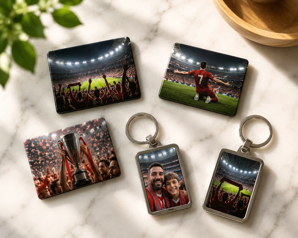 Custom photo keychains and fridge magnets featuring football match memories and 2026 snapshots