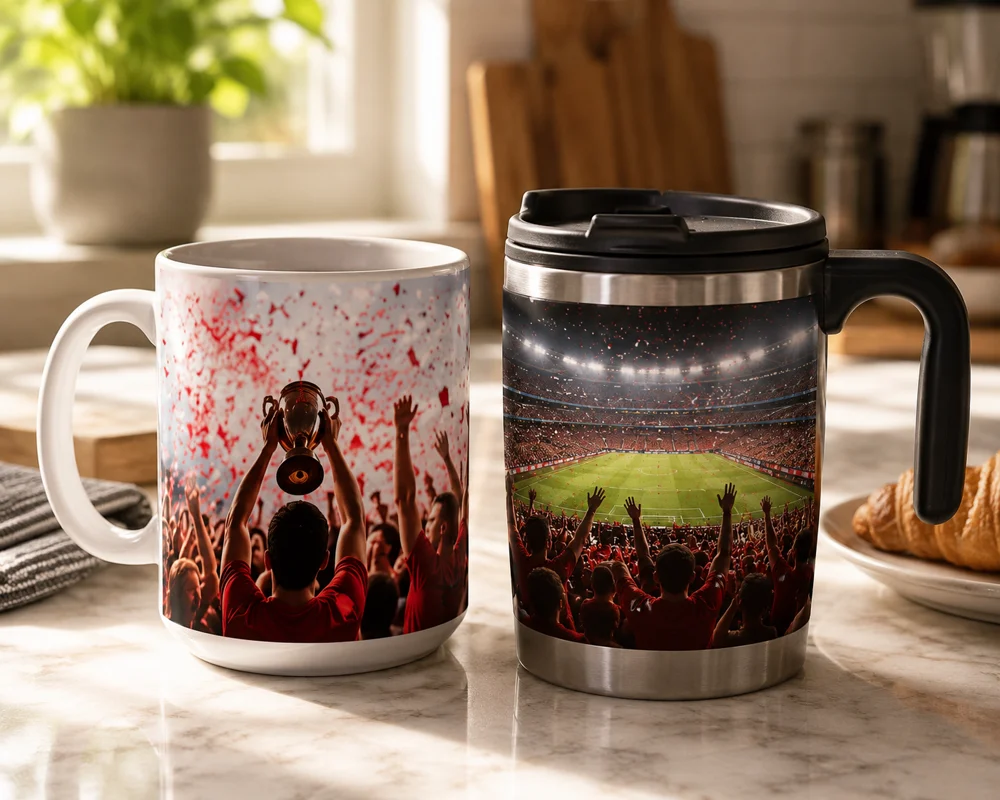 Custom photo mugs and travel mugs featuring football stadium photos and match day memories