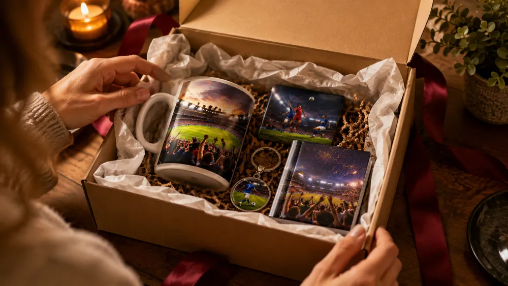 Open gift box containing personalised football fan souvenirs including photo mug, magnets, and keyring