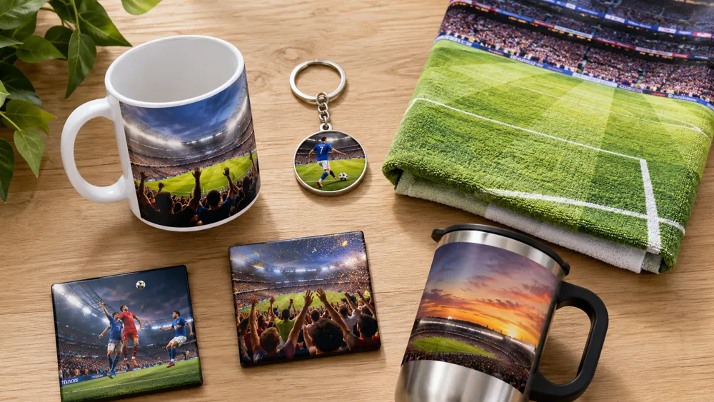 Collection of personalised football fan souvenirs including custom photo mugs, keychains, magnets, and towels arranged on a table