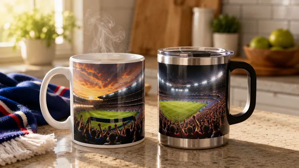 Classic ceramic photo mug and stainless steel travel mug side by side, both printed with football stadium photographs