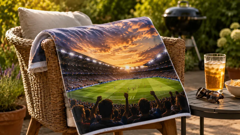 Custom photo towel with football stadium panorama draped over a garden chair at an outdoor summer screening setup