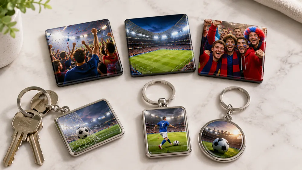 Personalised photo keyrings and fridge magnets featuring various football fan moments and match-day memories