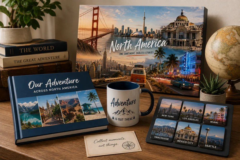 Collection of travel photo keepsakes including photo book, canvas print, personalised mug and photo magnets on a styled desk