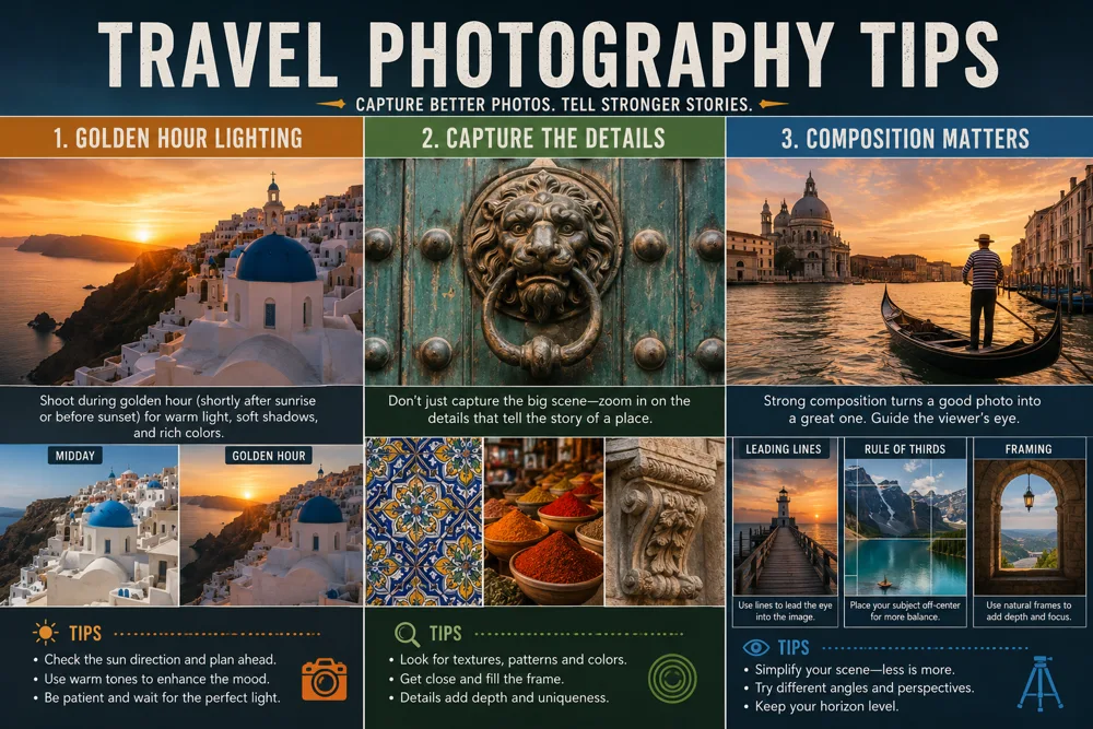 Travel photography tips showing golden hour lighting comparisons and composition techniques for city photography