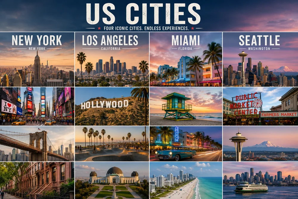 Grid showing photography highlights from American cities including street scenes, skylines and architectural details