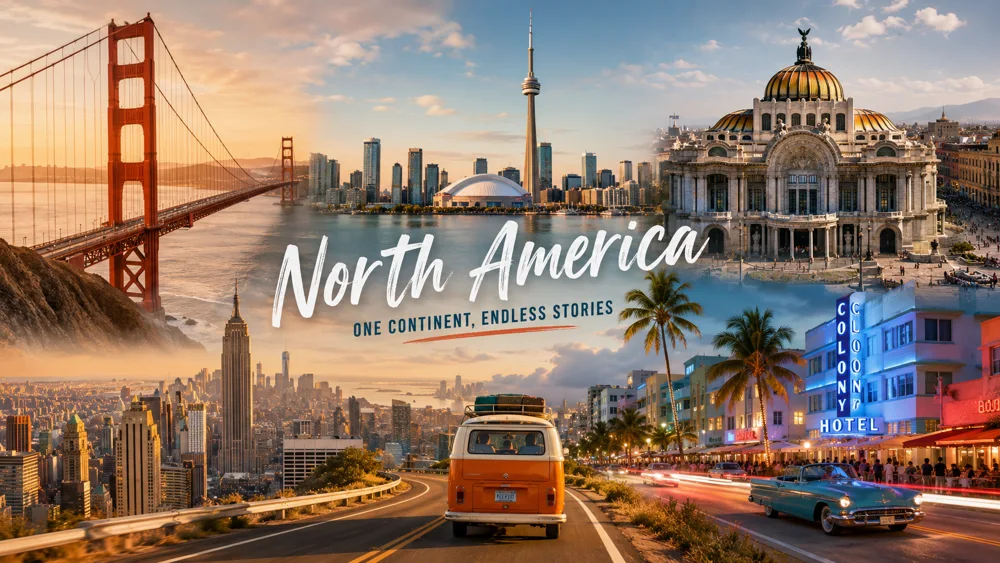 Panoramic collage of North American cities with iconic skylines, street scenes and landmarks across the USA, Canada and Mexico