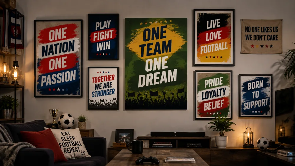 Collection of framed football fan posters displayed as wall art in a British living room