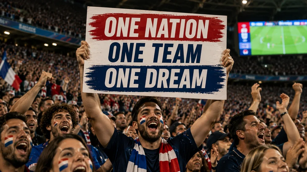 Football supporter holding up a bold custom poster with country colours at an outdoor screening