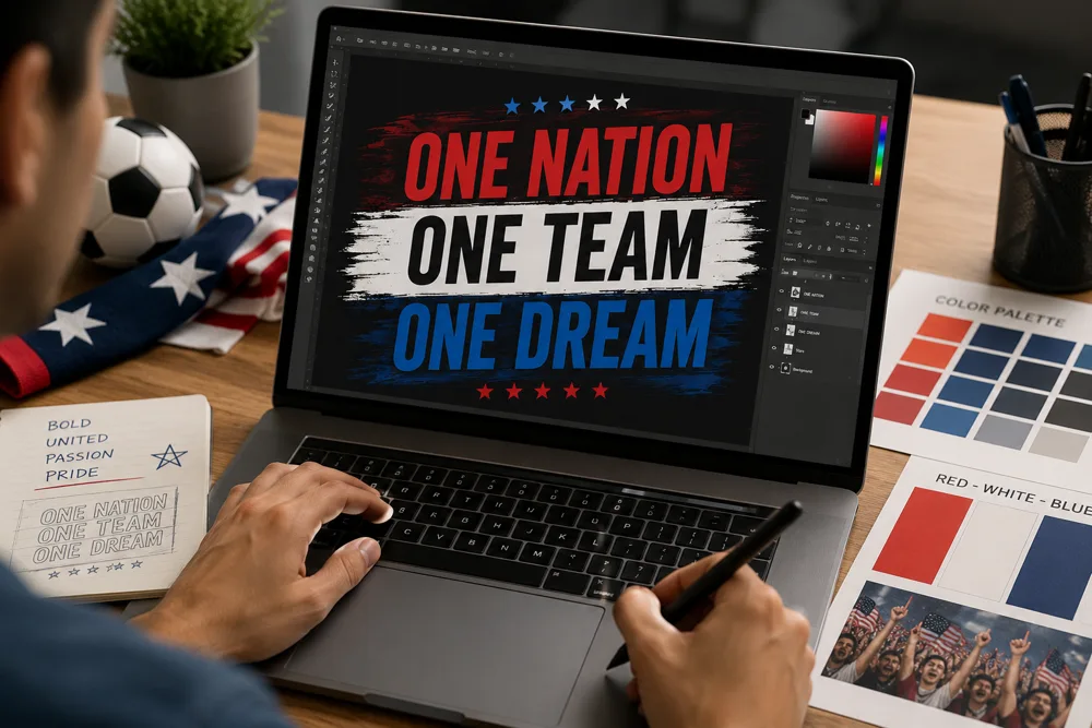 Close-up of football poster design process showing bold typography and flag colour schemes