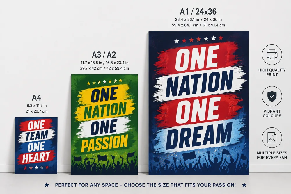 Different poster sizes arranged side by side showing A4 to A1 scale comparison for football fans