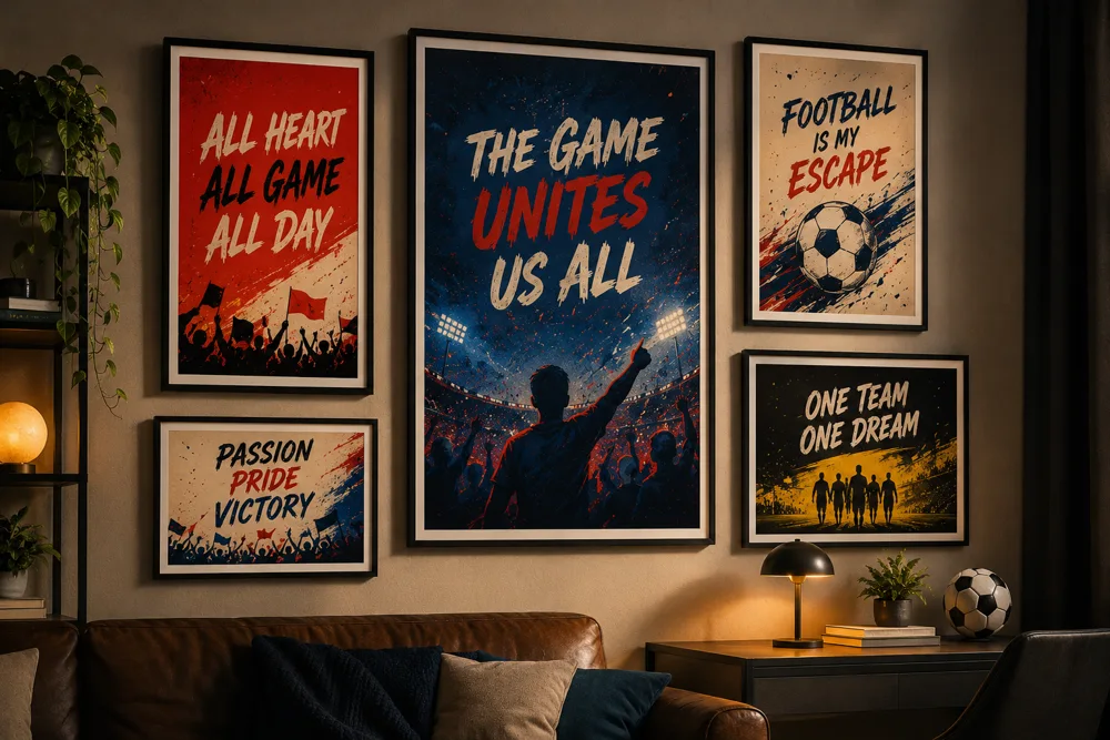 Collection of framed football fan posters arranged as gallery wall art in a British living room