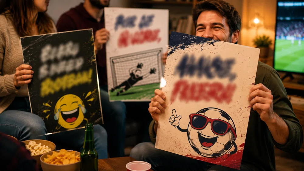 Humorous football fan signs with witty British slogans and self-deprecating jokes