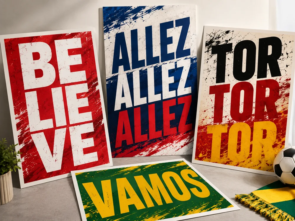 Bold typography football fan posters in national flag colours with short powerful slogans