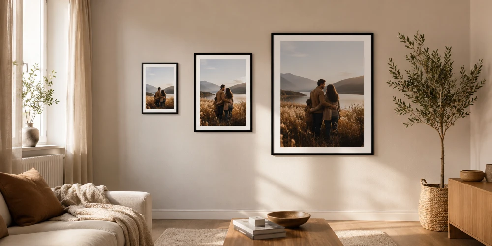 Three framed family photos in A4, A3 and A2 sizes arranged on a living room wall