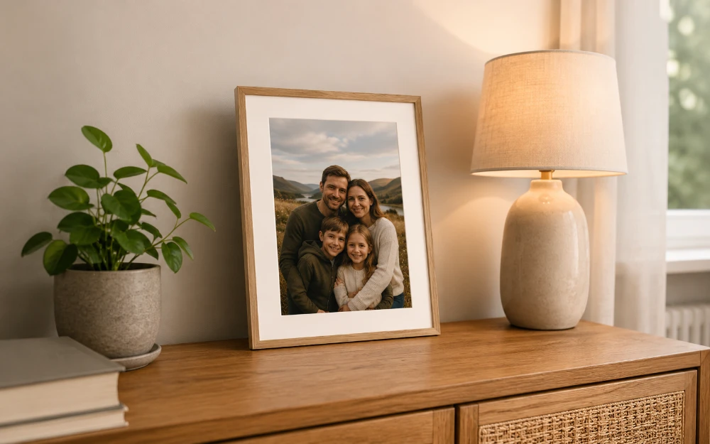 A4 framed family portrait print standing on a sideboard beside a lamp