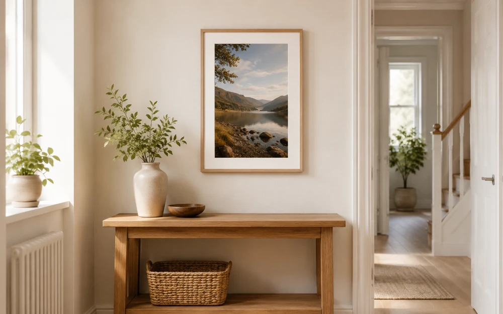 A3 framed landscape print hung above a console table in a hallway