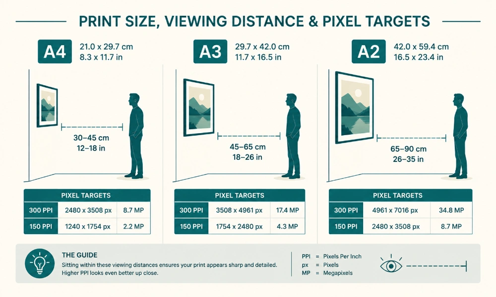 Infographic of A4, A3 and A2 print sizes with viewing distances and pixel resolution targets