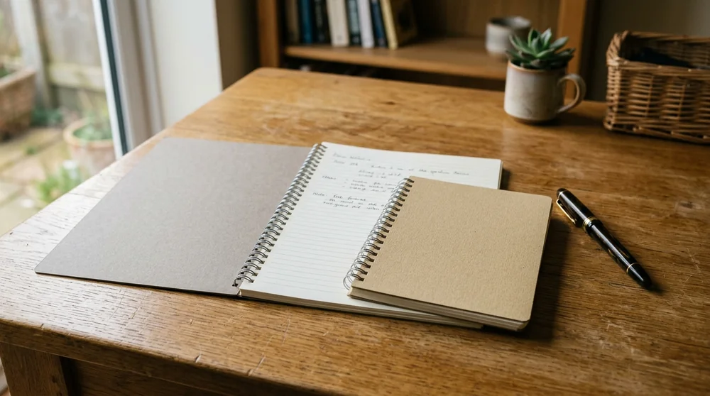 Spiral-bound notebook open on a wooden desk beside a pen and a plant