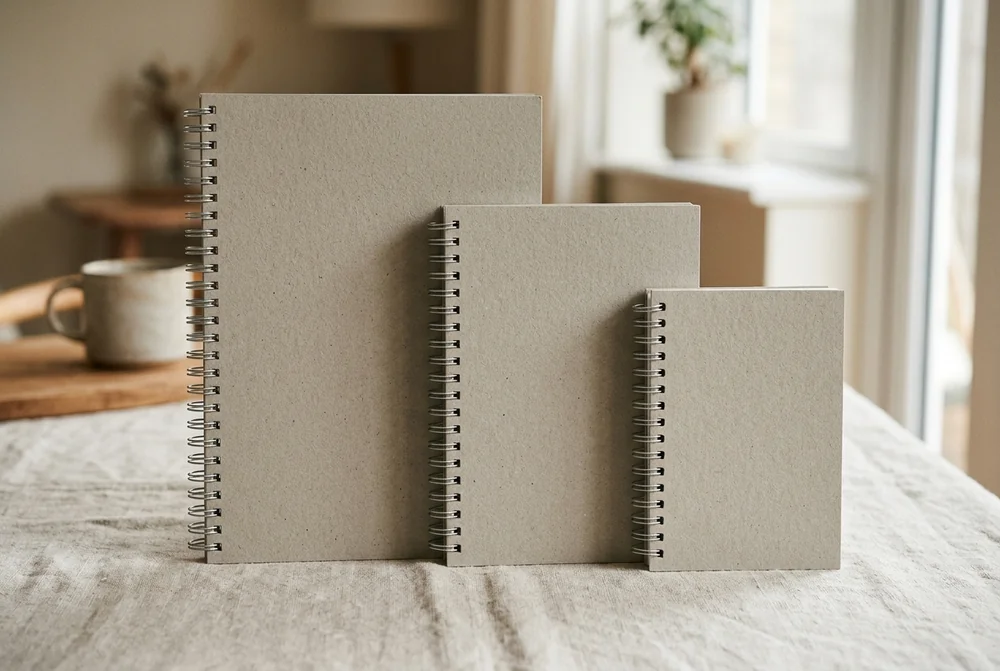 Three spiral notebooks in A4, A5 and A6 sizes standing side by side to show scale