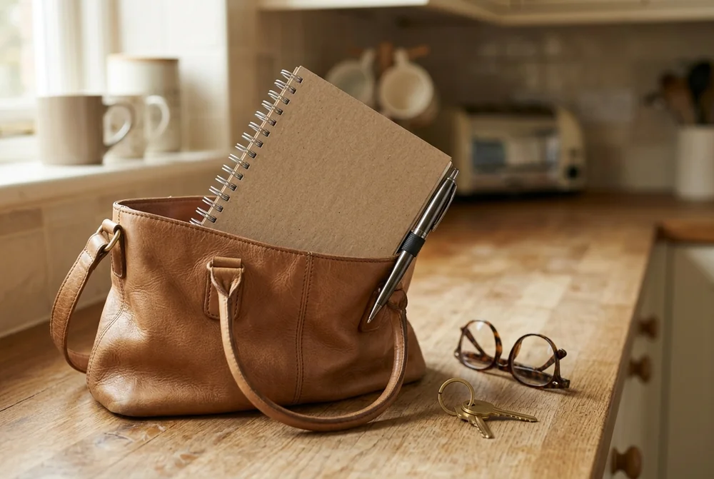 A5 spiral notebook tucked into a leather handbag on a kitchen worktop