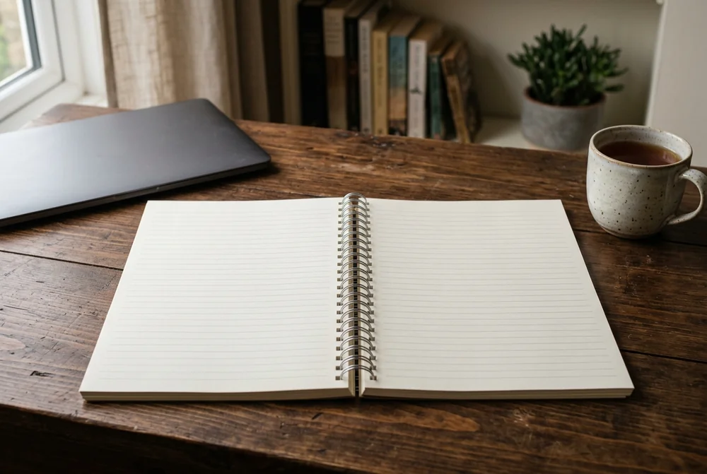 A4 spiral notebook lying open flat on a desk beside a laptop and a mug