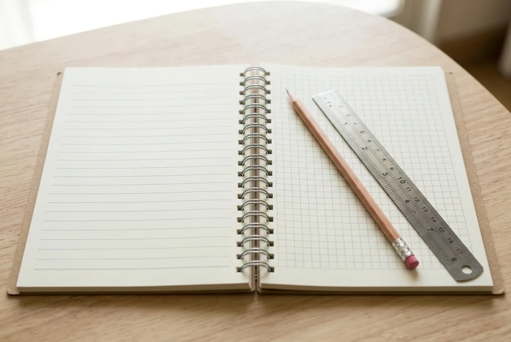Notebook open to show lined pages on the left and squared pages on the right