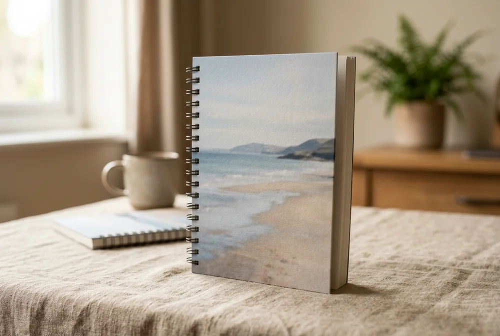Personalised notebook with a coastal photo cover standing on a linen tablecloth