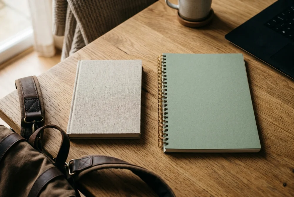 Two personalised notebooks with fabric and green covers on a desk beside a bag