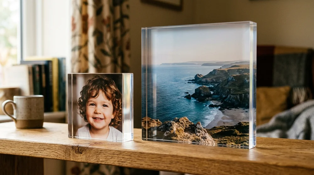 A 10x10cm and a 20x20cm acrylic photo block side by side on an oak shelf