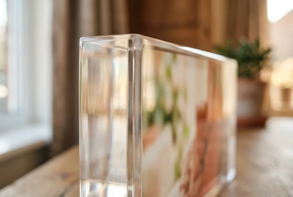 Close-up of the polished 25mm edge of an acrylic photo block on a windowsill