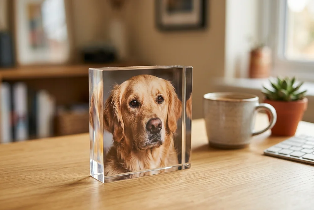 10x10cm acrylic photo block of a golden retriever on a desk beside a mug and keyboard