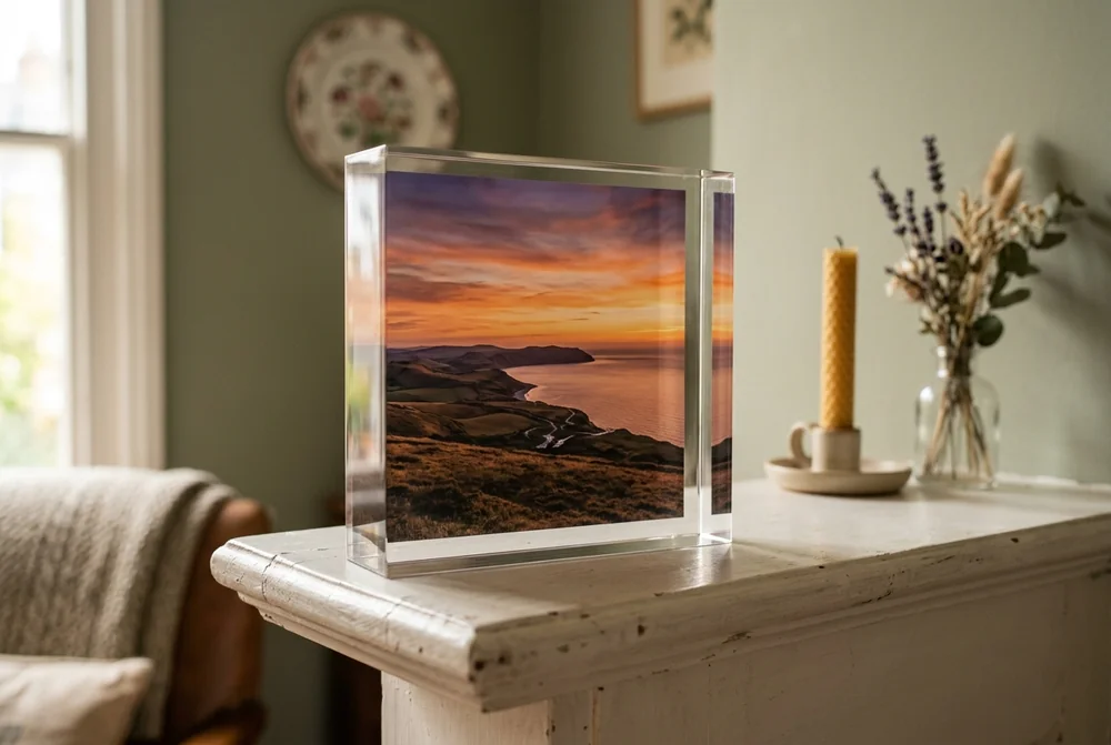 20x20cm acrylic photo block of a coastal sunset on a painted mantelpiece