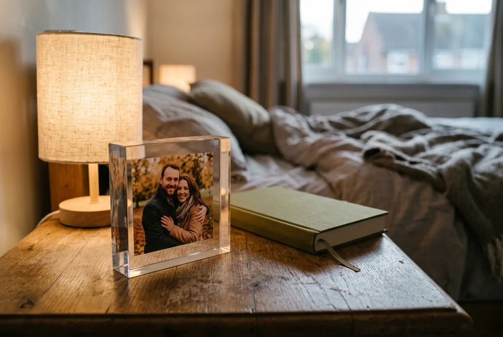 Acrylic photo block of a couple on a bedside table beside a lit lamp and a book