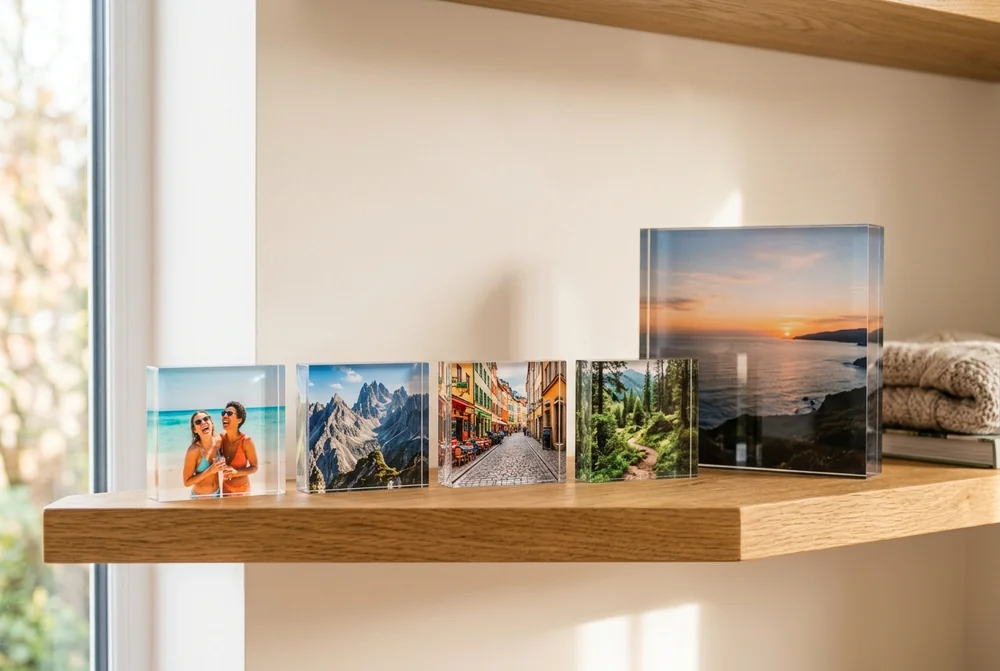 Four small acrylic photo blocks and one large block grouped on an oak shelf