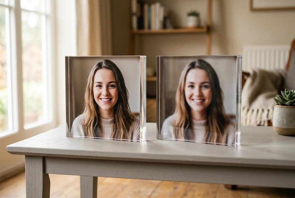 Two acrylic photo blocks of the same portrait, one sharp and one soft from low resolution