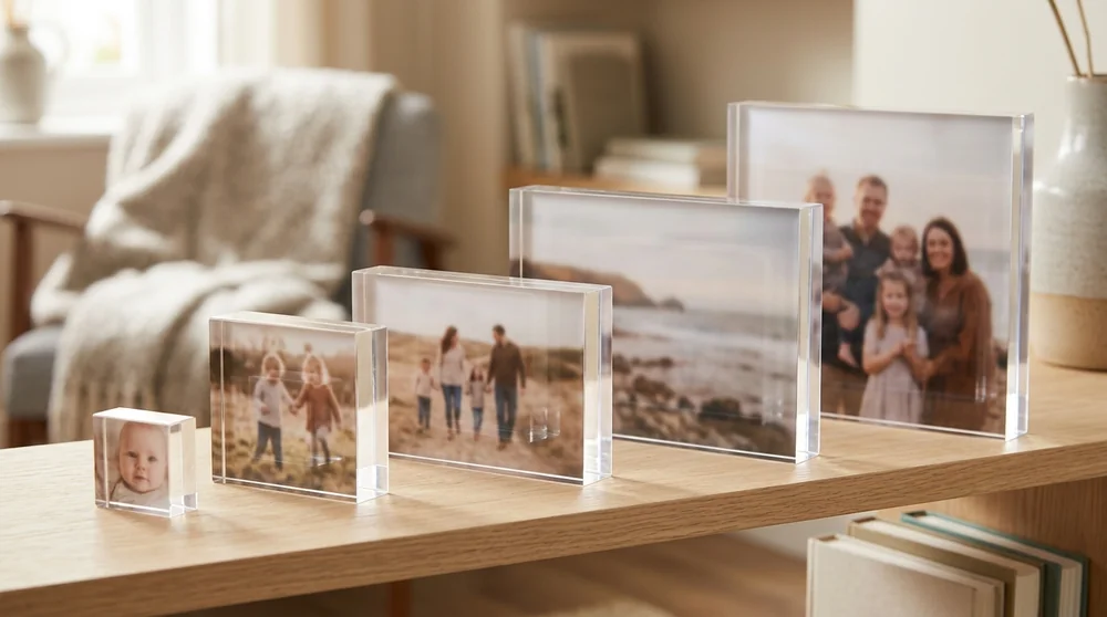 Four acrylic photo blocks in increasing sizes lined up along a wooden shelf