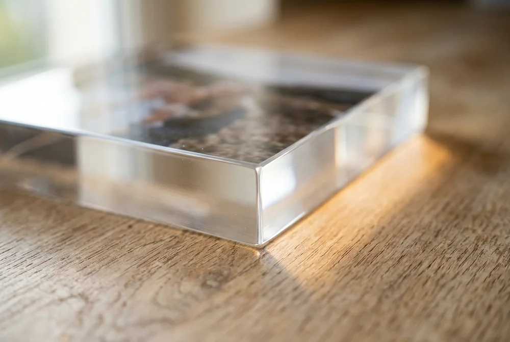 Close-up of a thick clear acrylic photo block lying on a wooden table