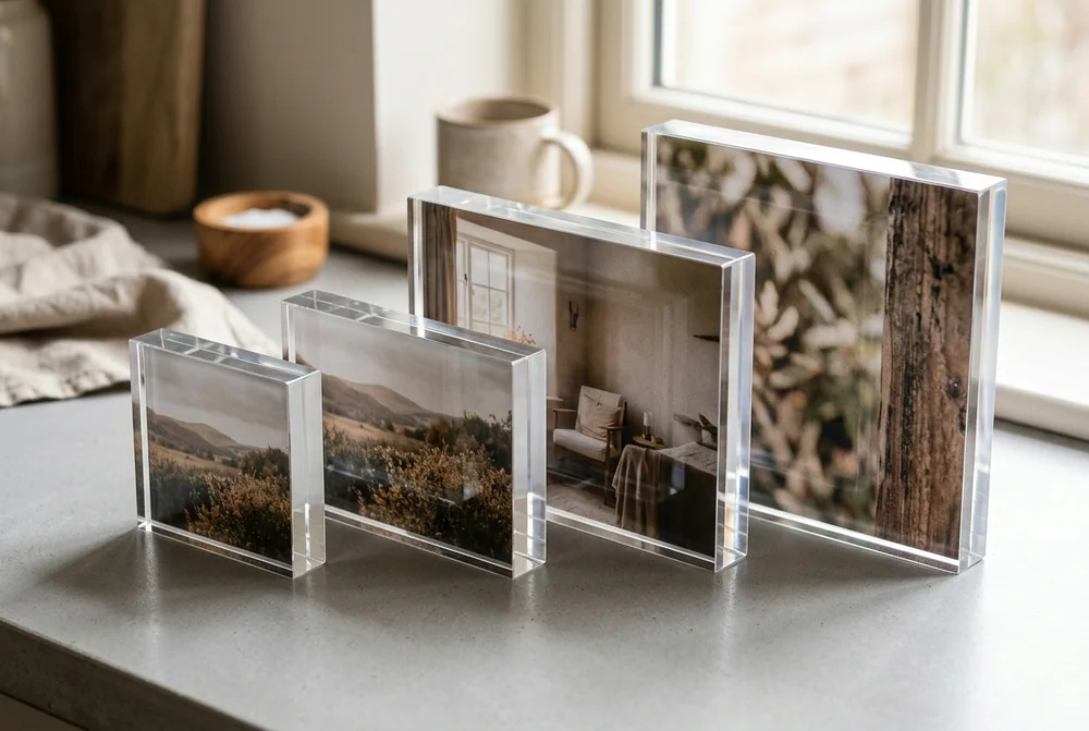 Three acrylic photo blocks in different sizes standing on a sunlit windowsill