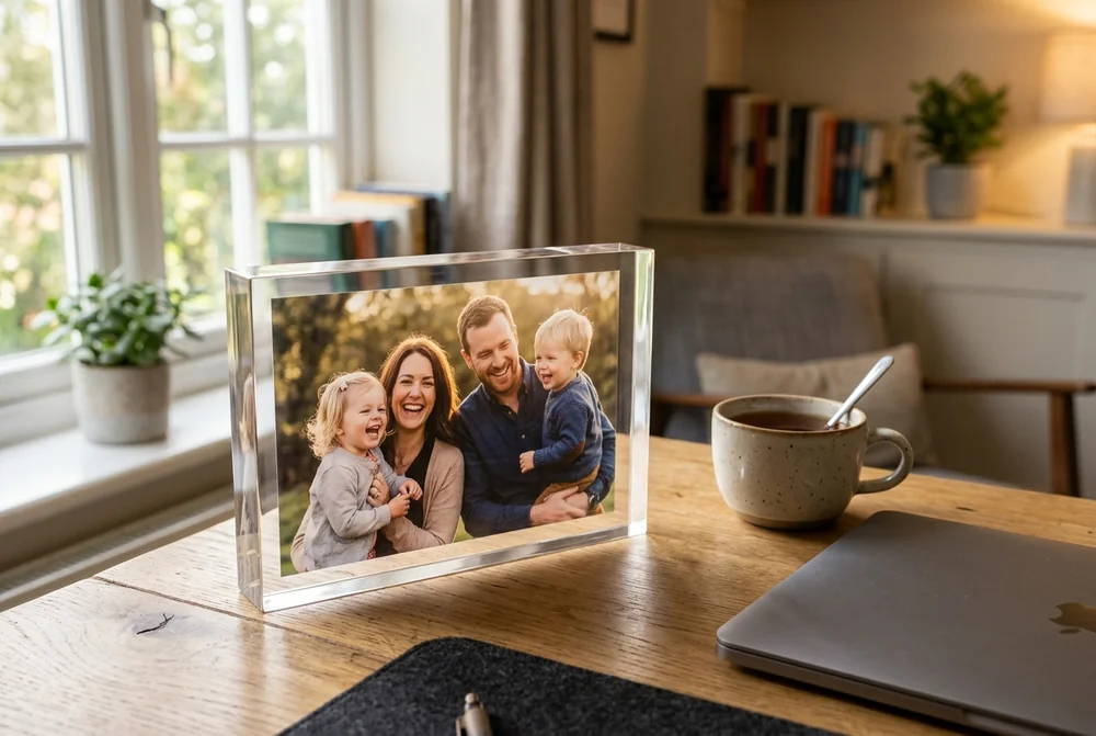 Acrylic photo block of a family standing on a desk beside a laptop and mug