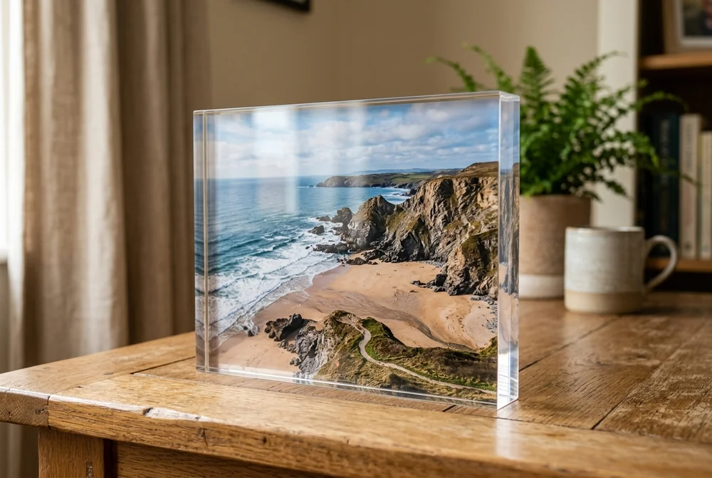 Landscape acrylic photo block of a coastal bay on a wooden kitchen table