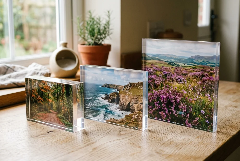 Three acrylic photo blocks of British landscapes grouped on a wooden table