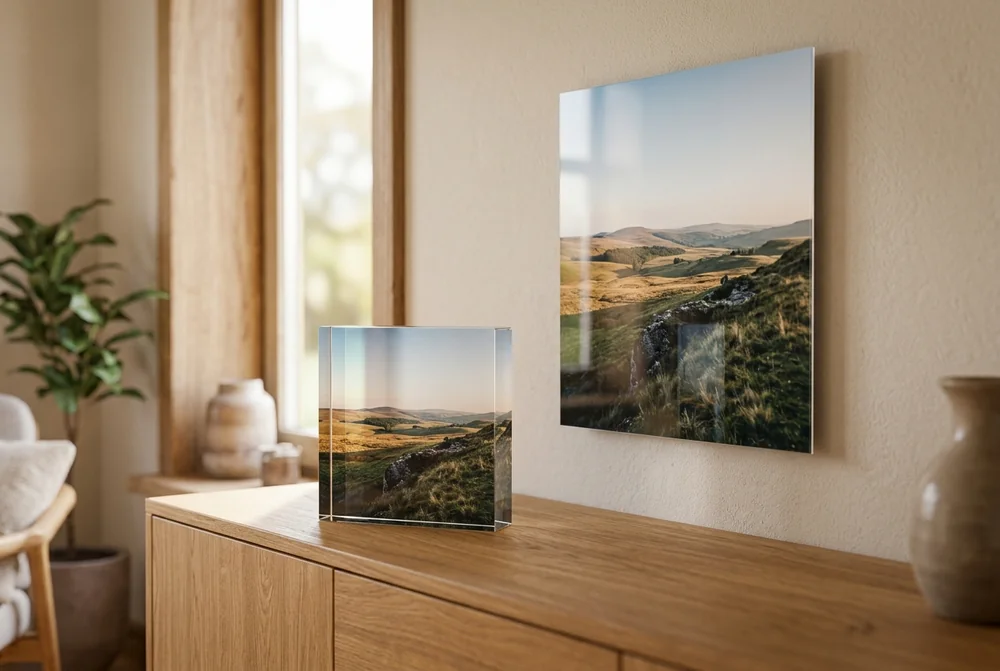 Small acrylic photo block on a sideboard below a larger acrylic wall print