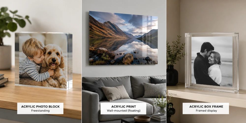A freestanding acrylic photo block and a slim wall-mounted acrylic print side by side, showing the difference in depth between the chunky block and the thin floating print