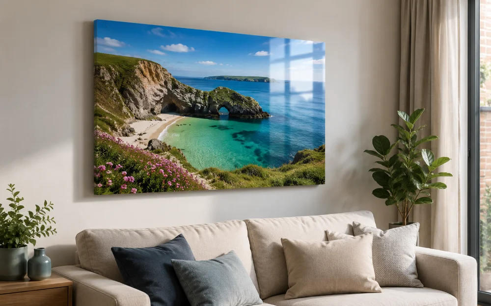 A frameless acrylic wall print floating a couple of centimetres off a neutral wall on a hidden fixing, its glossy surface deepening the colours of the photo